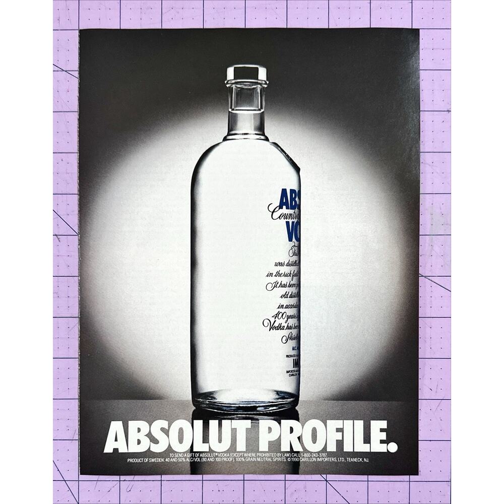 Vintage Absolut Vodka - Absolut Profile - 1992 Home Bar Art AD Decor